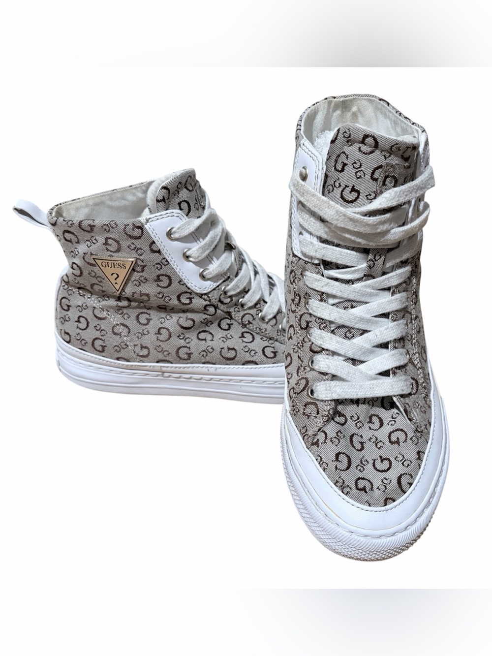 Guess Monogram High-Top Sneakers in Beige and White - Picture 2 of 5